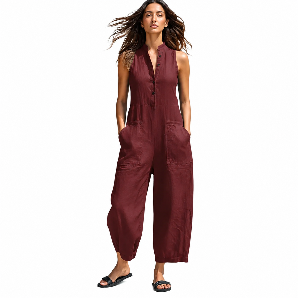 Women's Linen Blend Button-Up Sleeveless Jumpsuit