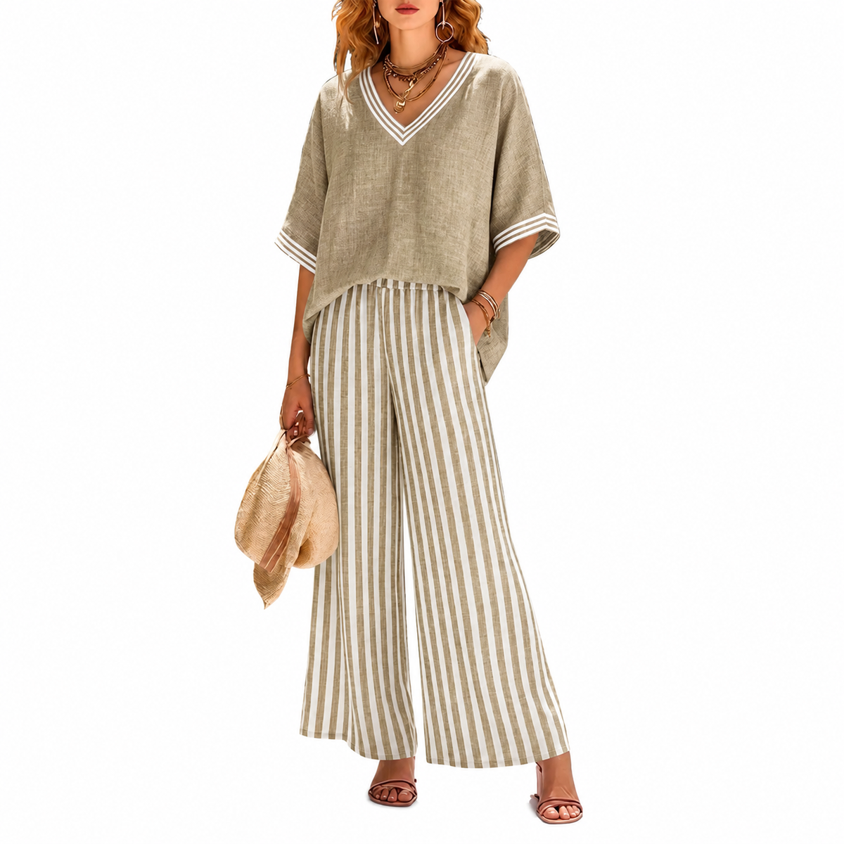 Women's Cotton-Linen Striped Two-Piece Set