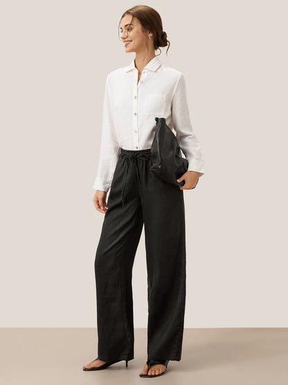 Women's 100% Linen Drawstring Straight-Leg Pants