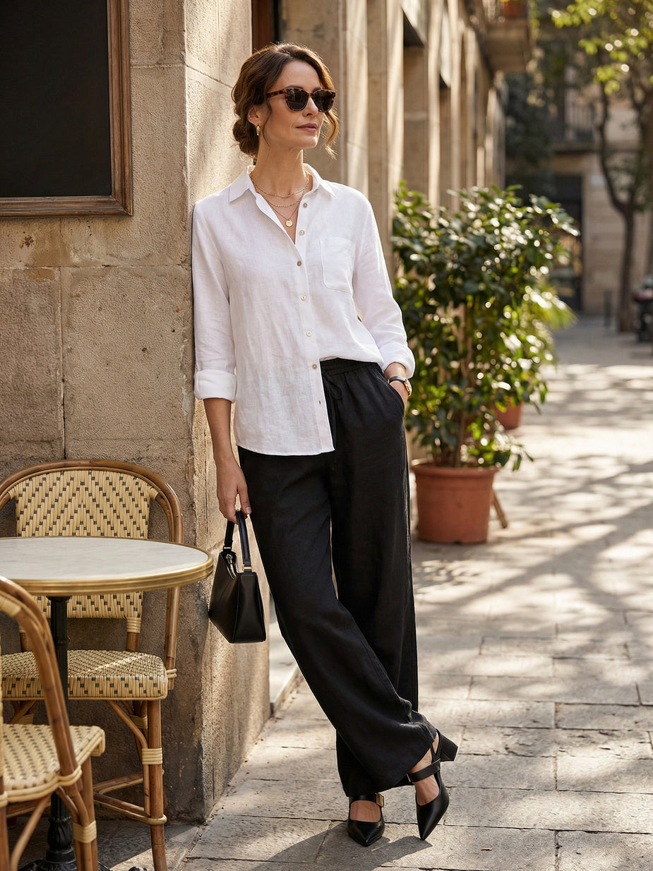 Women's 100% Linen Drawstring Straight-Leg Pants