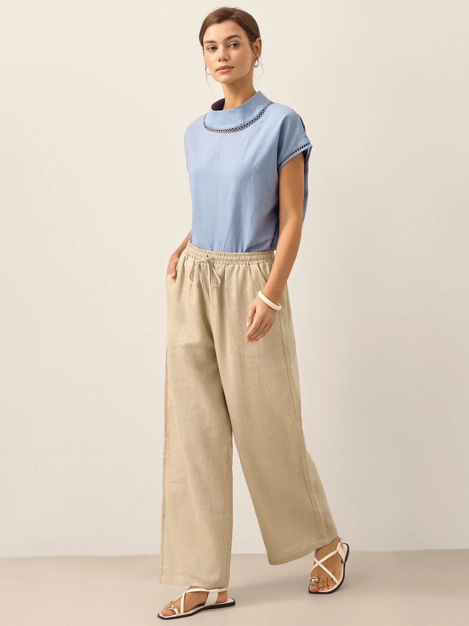 Women's 100% Linen Drawstring Straight-Leg Pants
