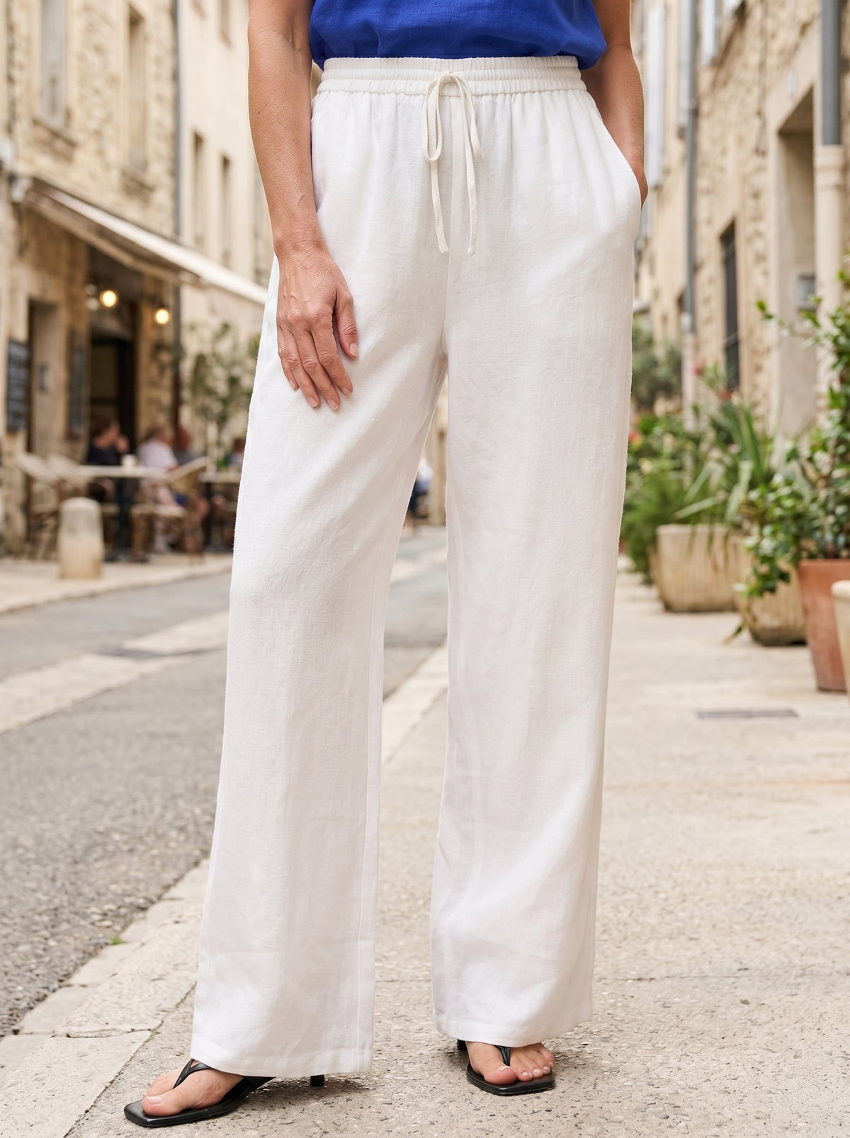 Women's 100% Linen Drawstring Straight-Leg Pants