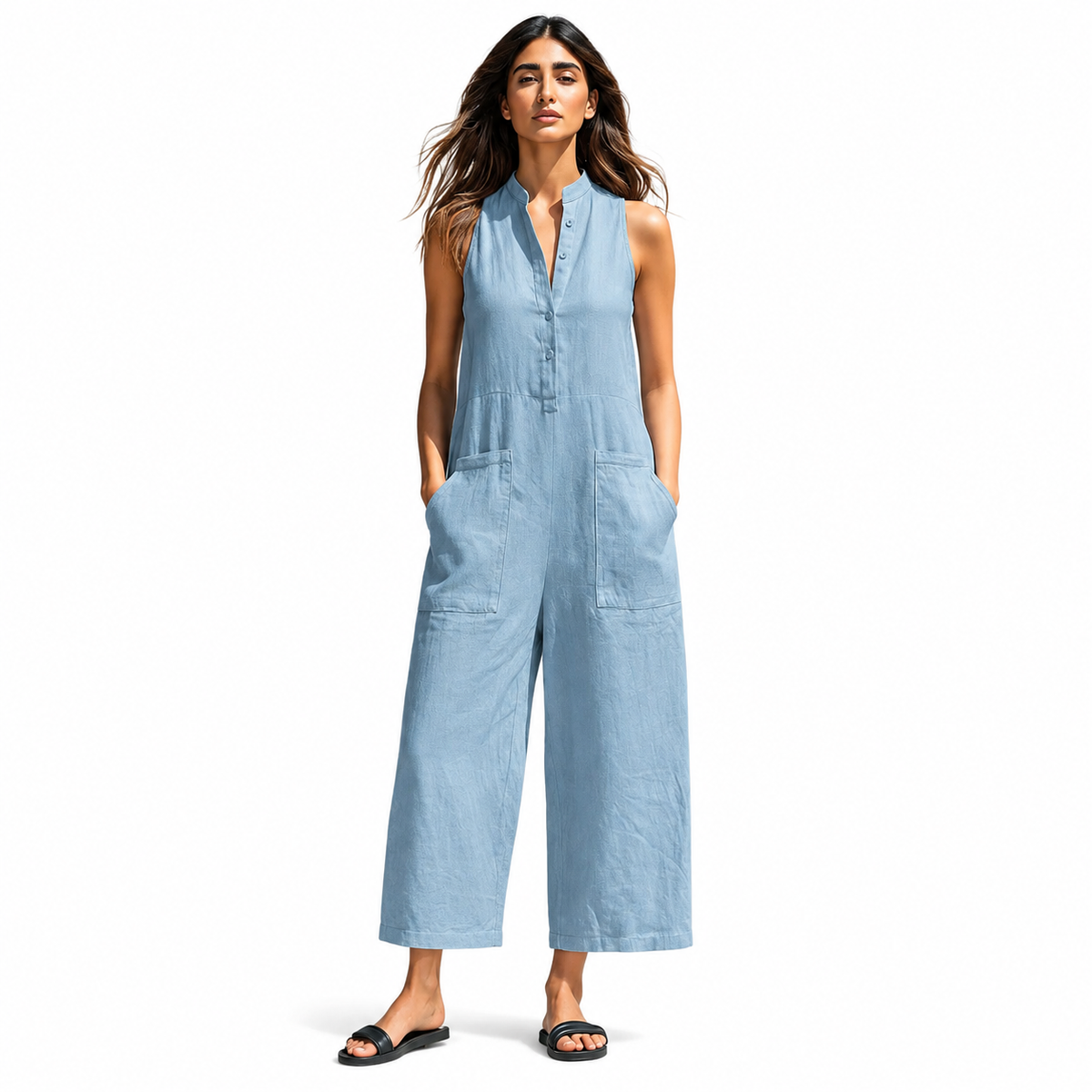 Women's Linen Blend Button-Up Sleeveless Jumpsuit