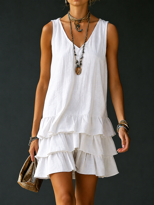 Women's Linen V-Neck Tiered Ruffle Mini Dress