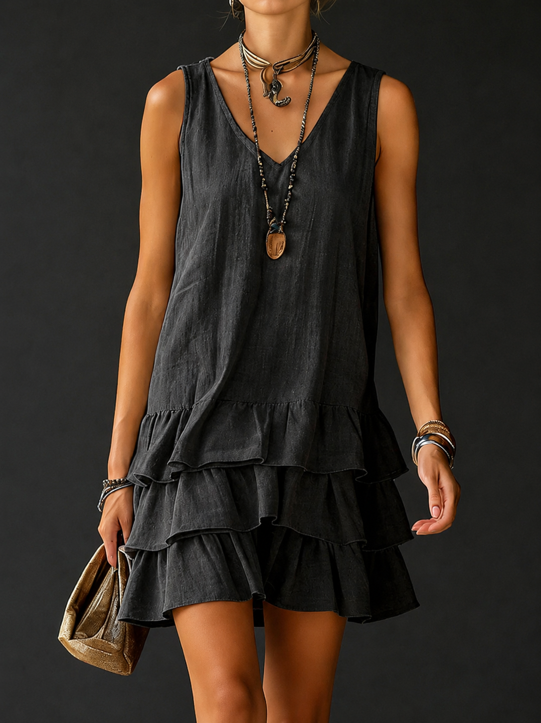 Women's Linen V-Neck Tiered Ruffle Mini Dress