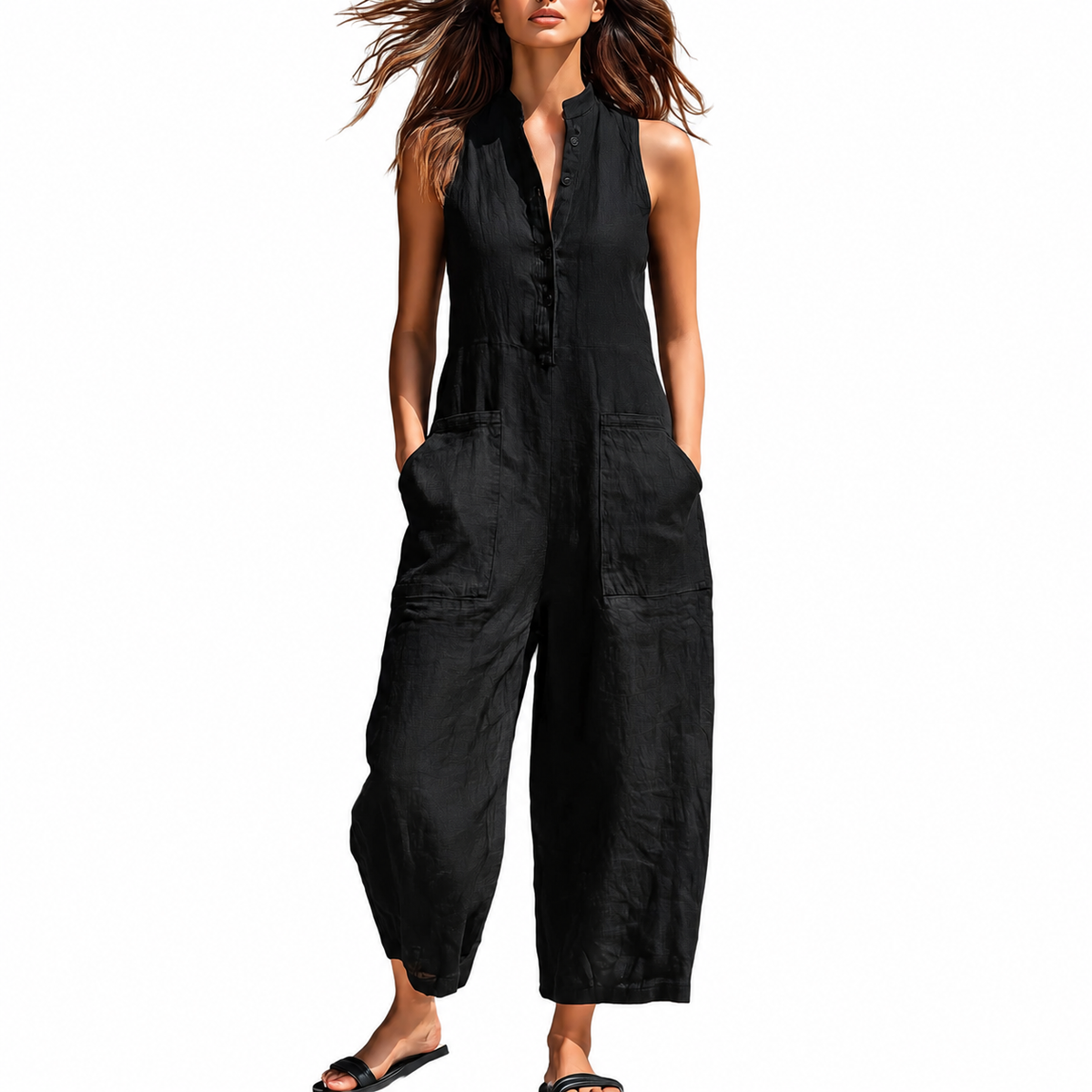 Women's Linen Blend Button-Up Sleeveless Jumpsuit