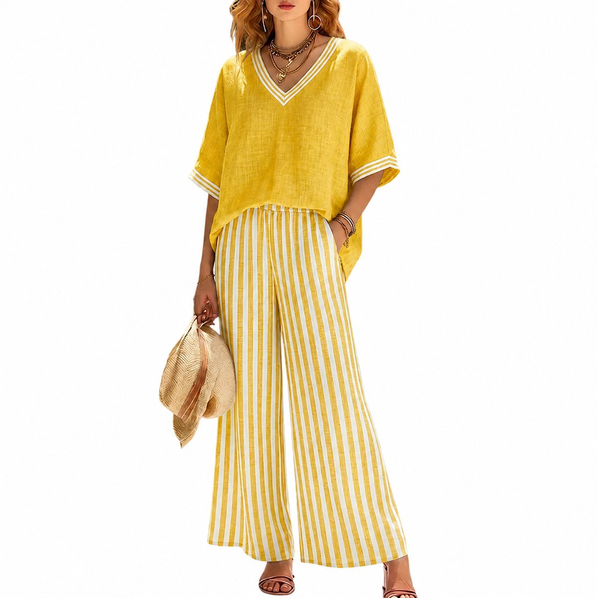 Women's Cotton-Linen Striped Two-Piece Set