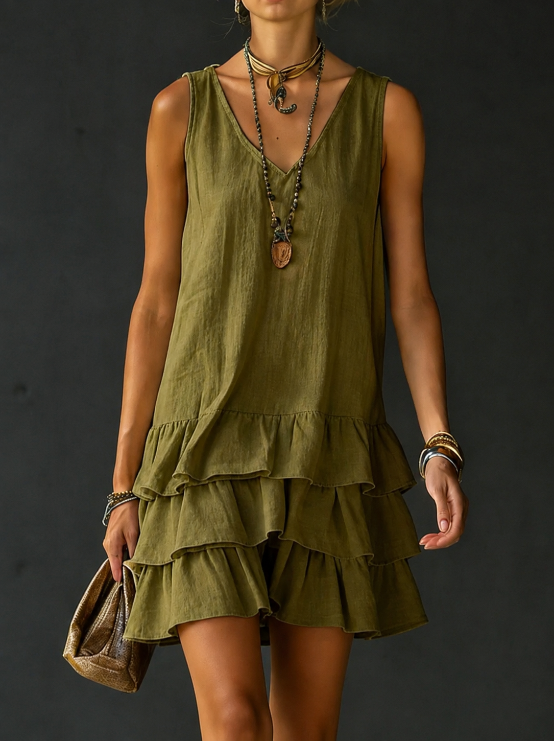 Women's Linen V-Neck Tiered Ruffle Mini Dress