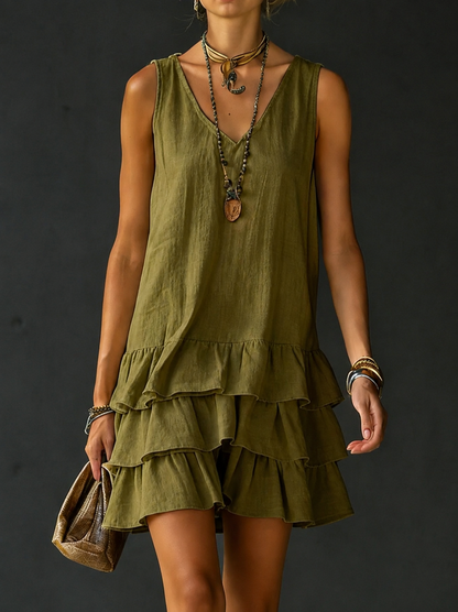 Women's Linen V-Neck Tiered Ruffle Mini Dress