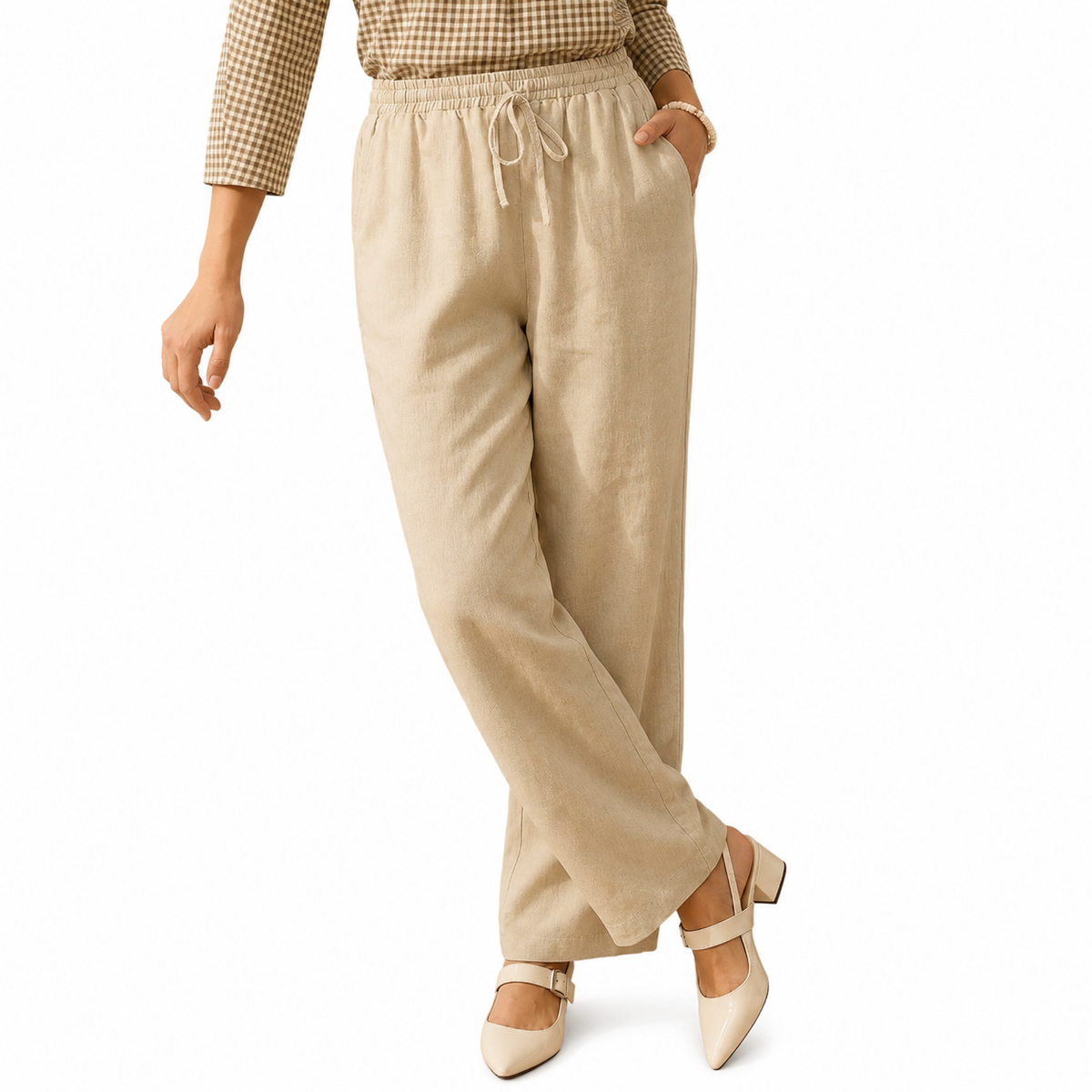 Women's 100% Linen Drawstring Straight-Leg Pants