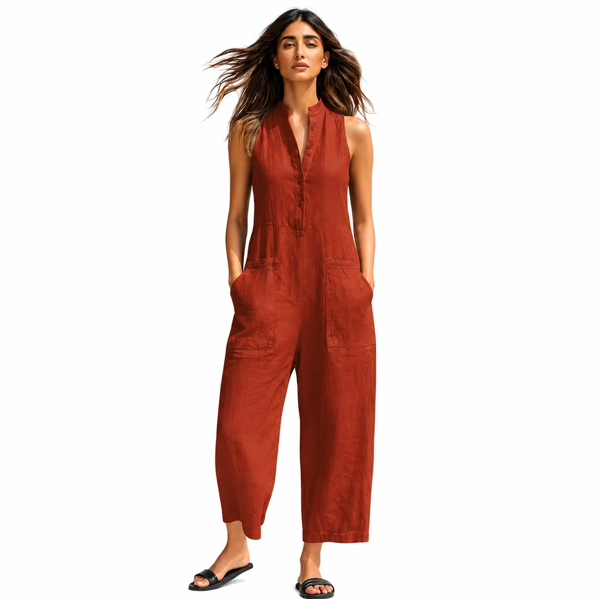 Women's Linen Blend Button-Up Sleeveless Jumpsuit