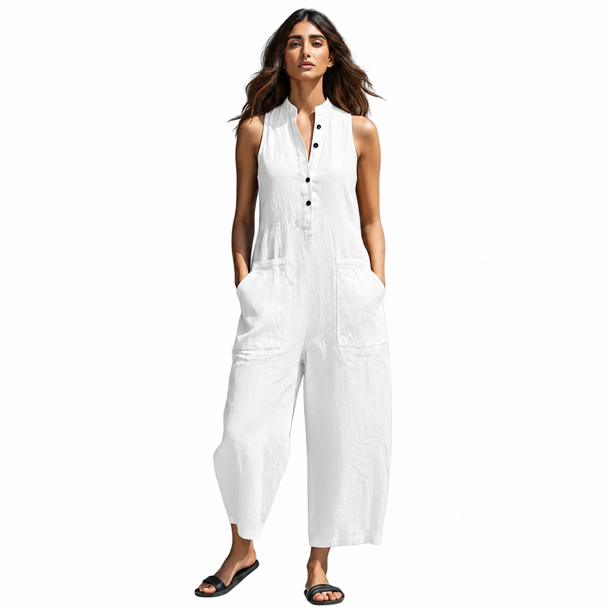 Women's Linen Blend Button-Up Sleeveless Jumpsuit