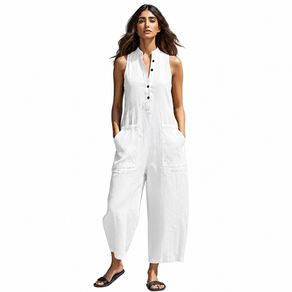 Women's Linen Blend Button-Up Sleeveless Jumpsuit