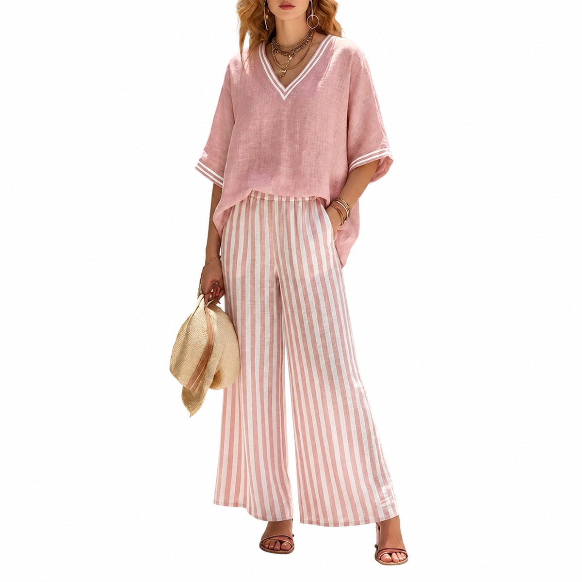 Women's Cotton-Linen Striped Two-Piece Set