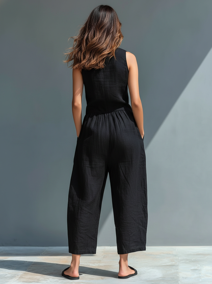 Women's Linen Blend Button-Up Sleeveless Jumpsuit