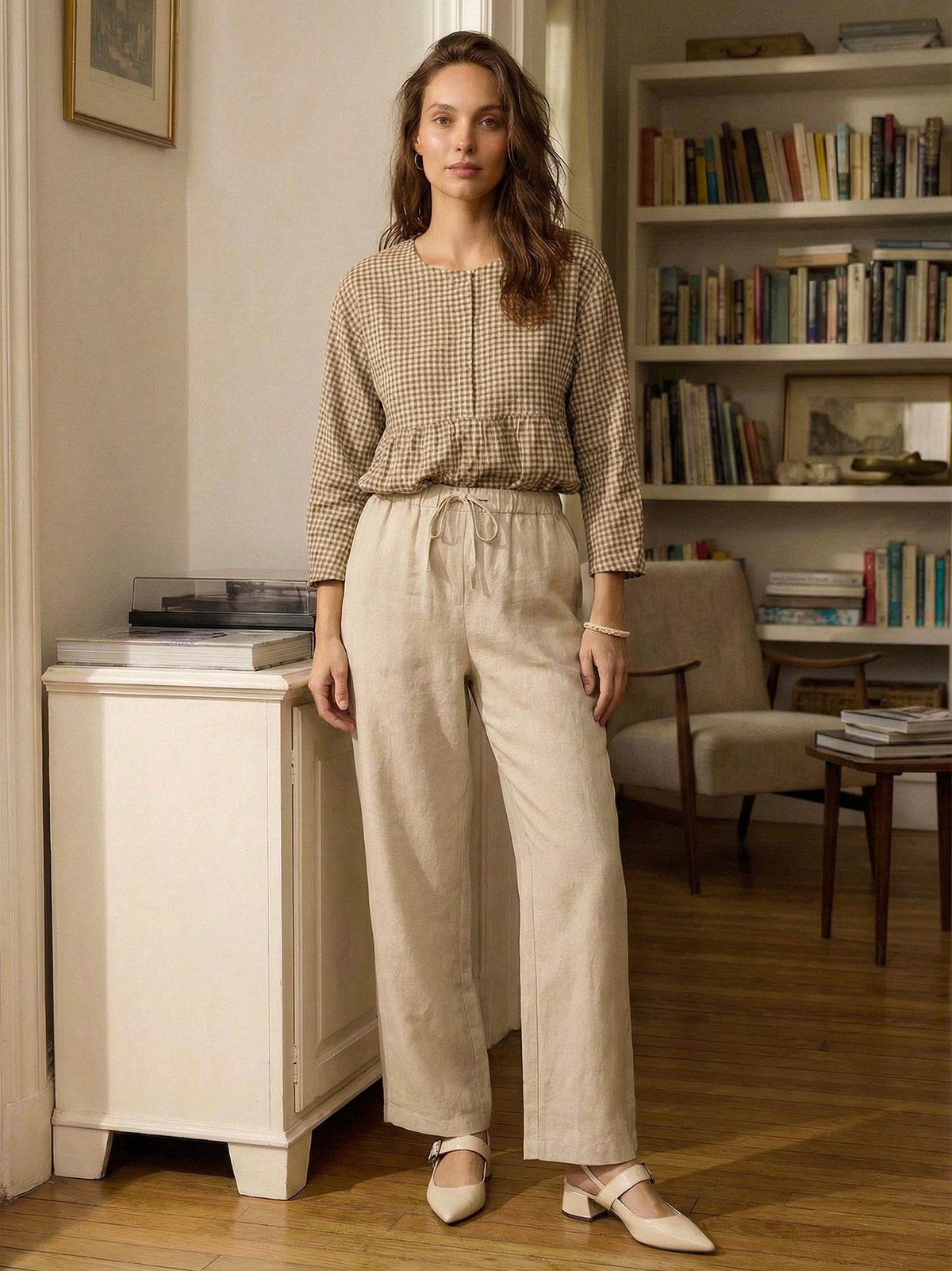 Women's 100% Linen Drawstring Straight-Leg Pants