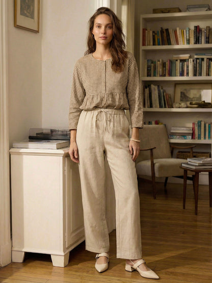 Women's 100% Linen Drawstring Straight-Leg Pants