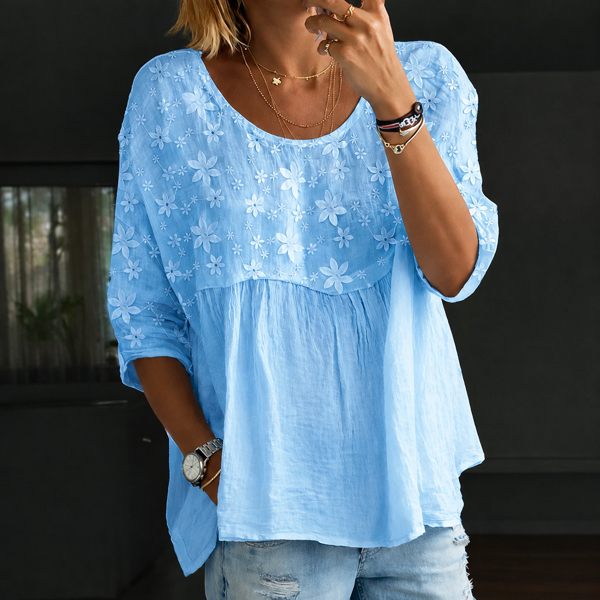 Women's Floral Embroidered Sleeve Blouse