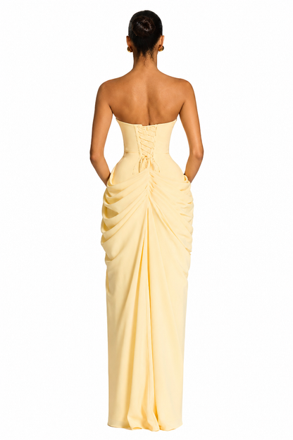 Women's Strapless Draped Maxi Dress Side Slit