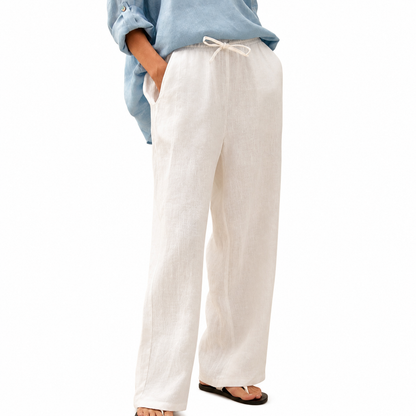 Women's 100% Linen Drawstring Straight-Leg Pants