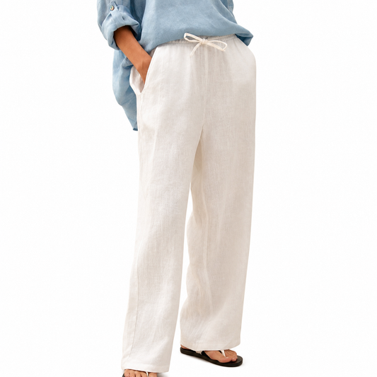 Women's 100% Linen Drawstring Straight-Leg Pants