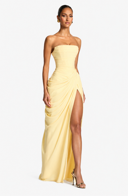 Women's Strapless Draped Maxi Dress Side Slit