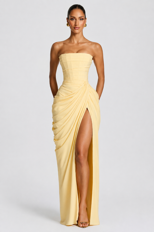 Women's Strapless Draped Maxi Dress Side Slit