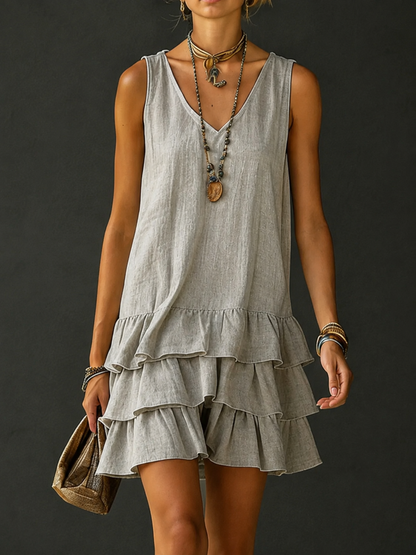Women's Linen V-Neck Tiered Ruffle Mini Dress