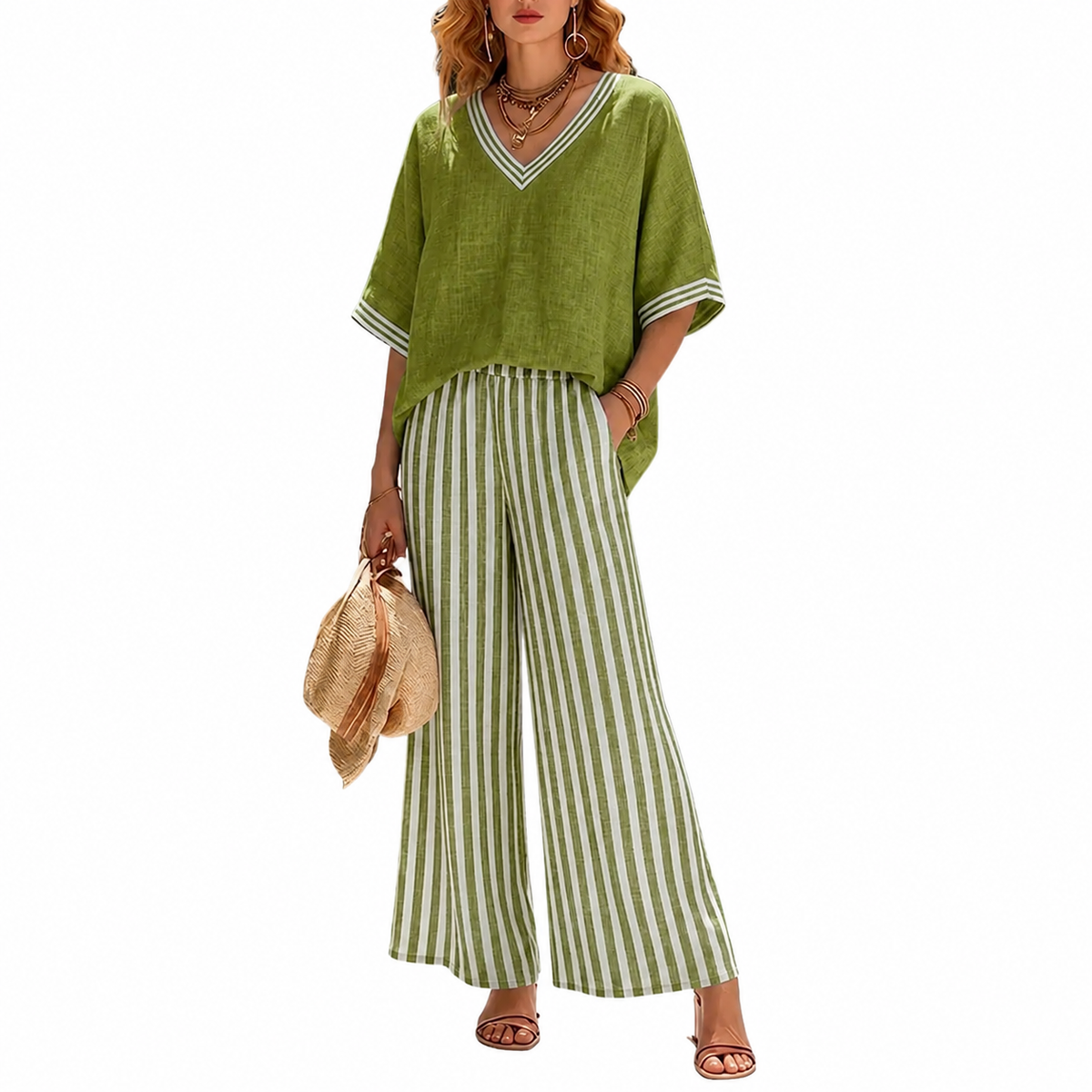 Women's Cotton-Linen Striped Two-Piece Set