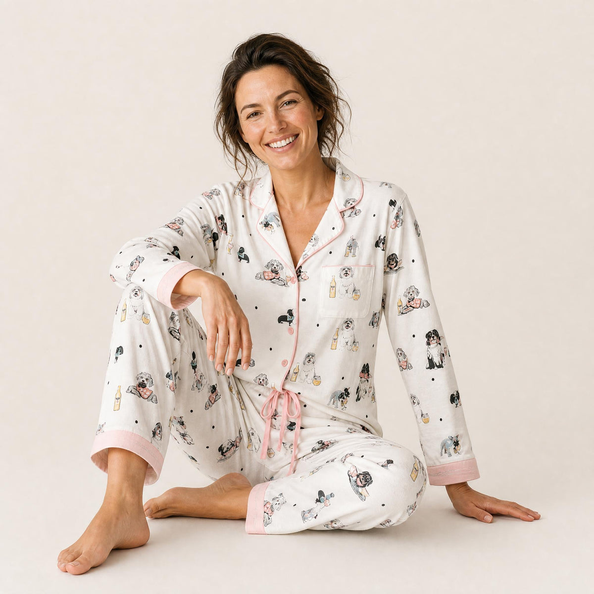 Women's Cotton Dog Print Long Sleeve Pajama Set