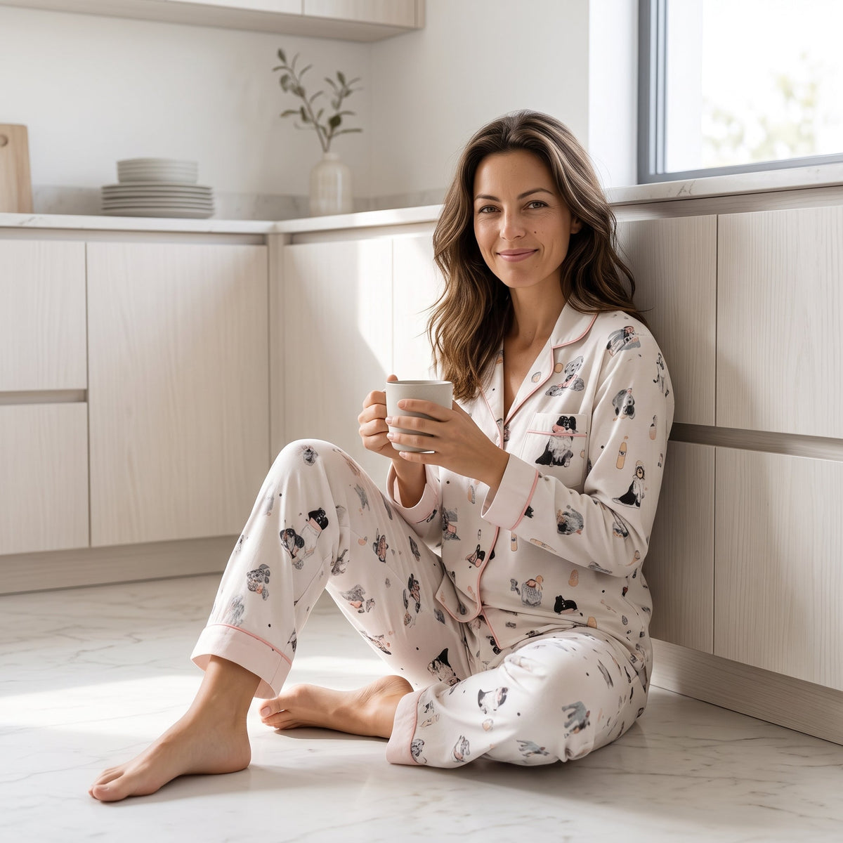Women's Cotton Dog Print Long Sleeve Pajama Set